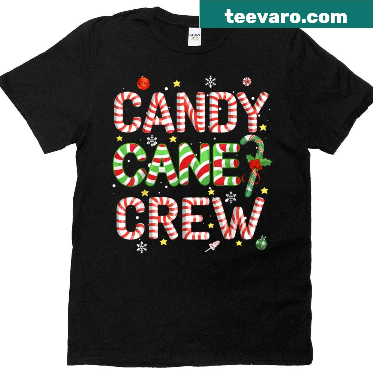 Funny Christmas pajama t-shirt with candy canes and holiday text — on a men's t-shirt