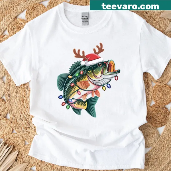 Whimsical Christmas-themed T-shirt featuring a decorated fish
