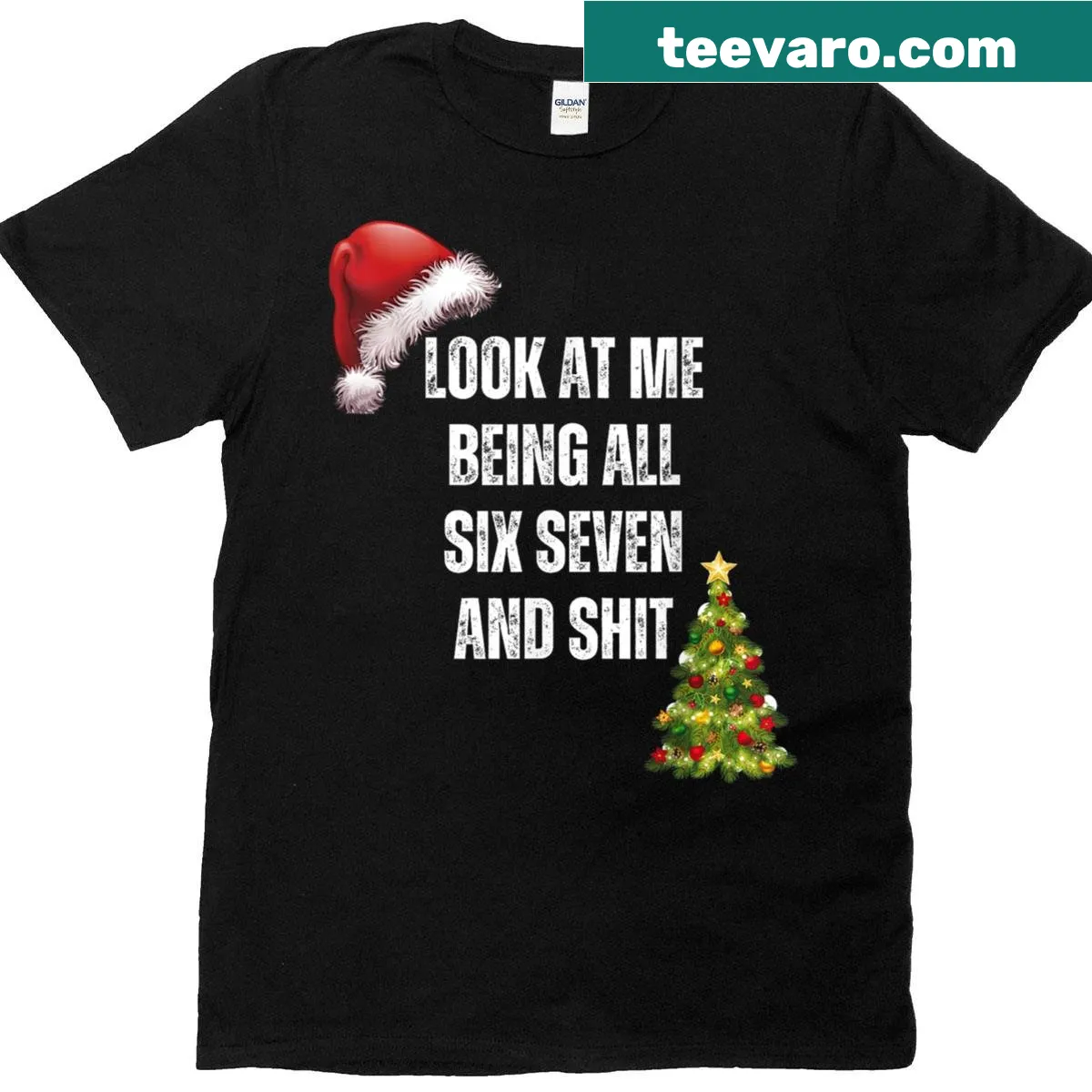 Funny Christmas t-shirt with humorous text about being six seven — on a men's t-shirt