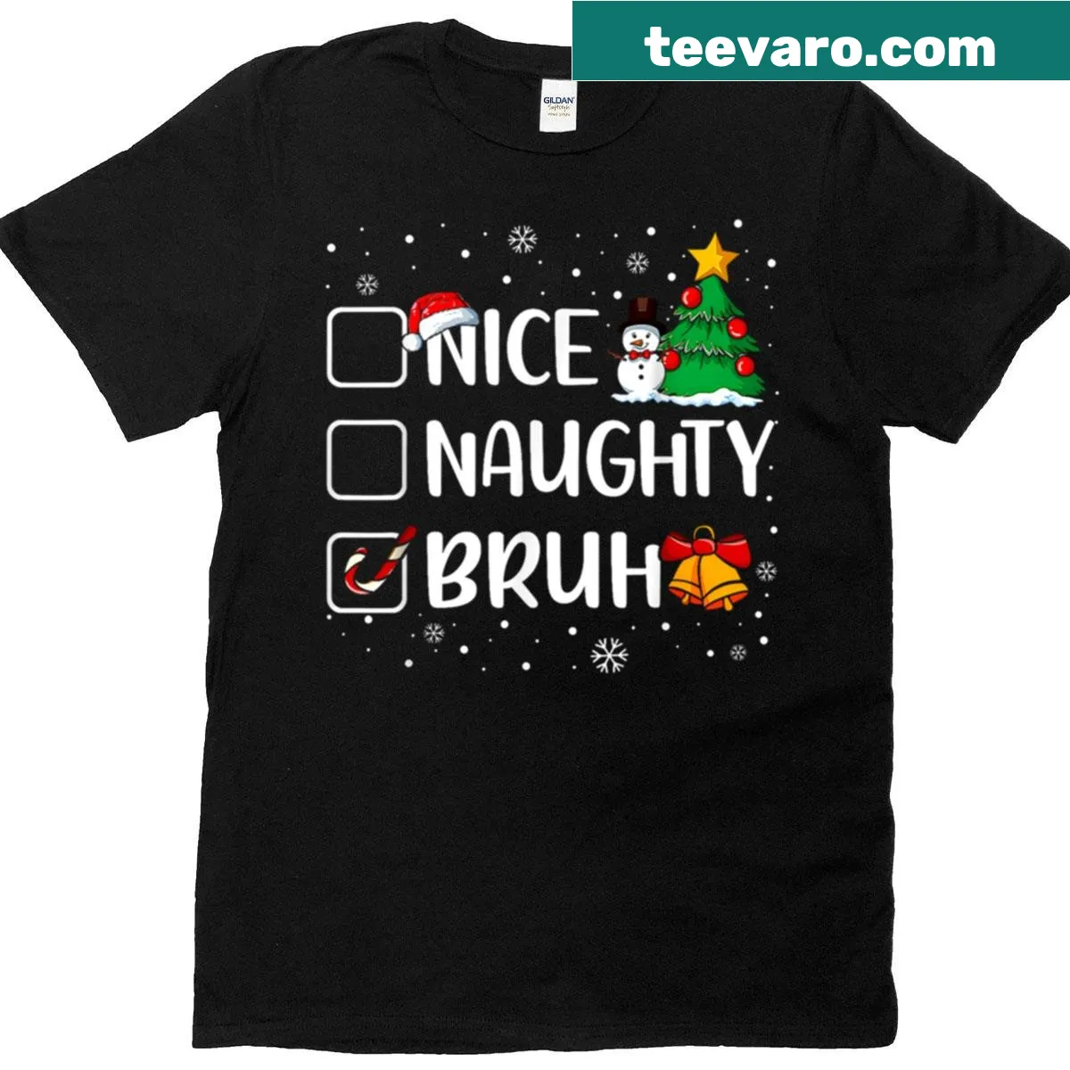 Funny Christmas Nice Naughty list shirt with Bruh text — on a men's t-shirt
