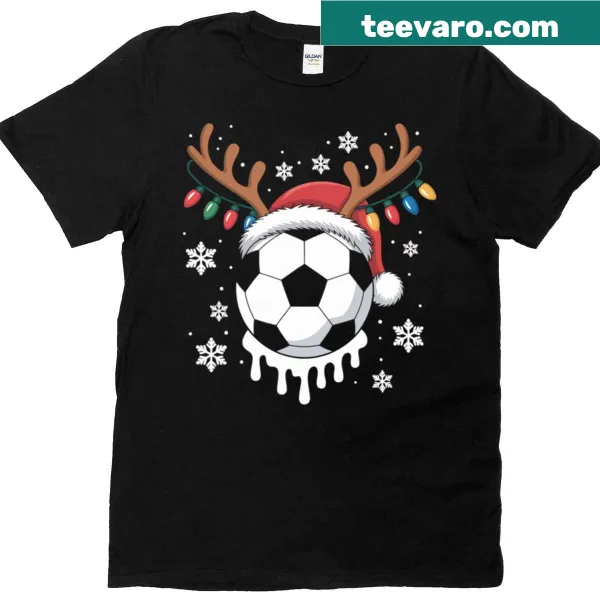 Cartoon soccer ball with Christmas designs on an oversized T-shirt