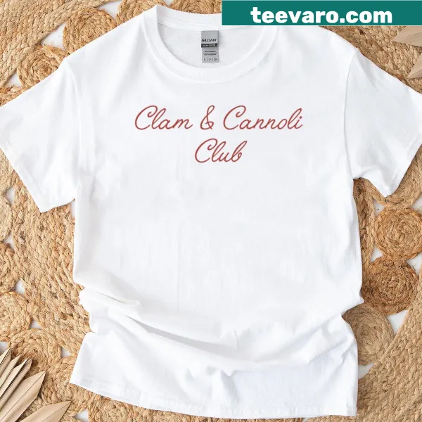Boxy T-shirt featuring the phrase 'Clam Cannoli Club' in playful typography