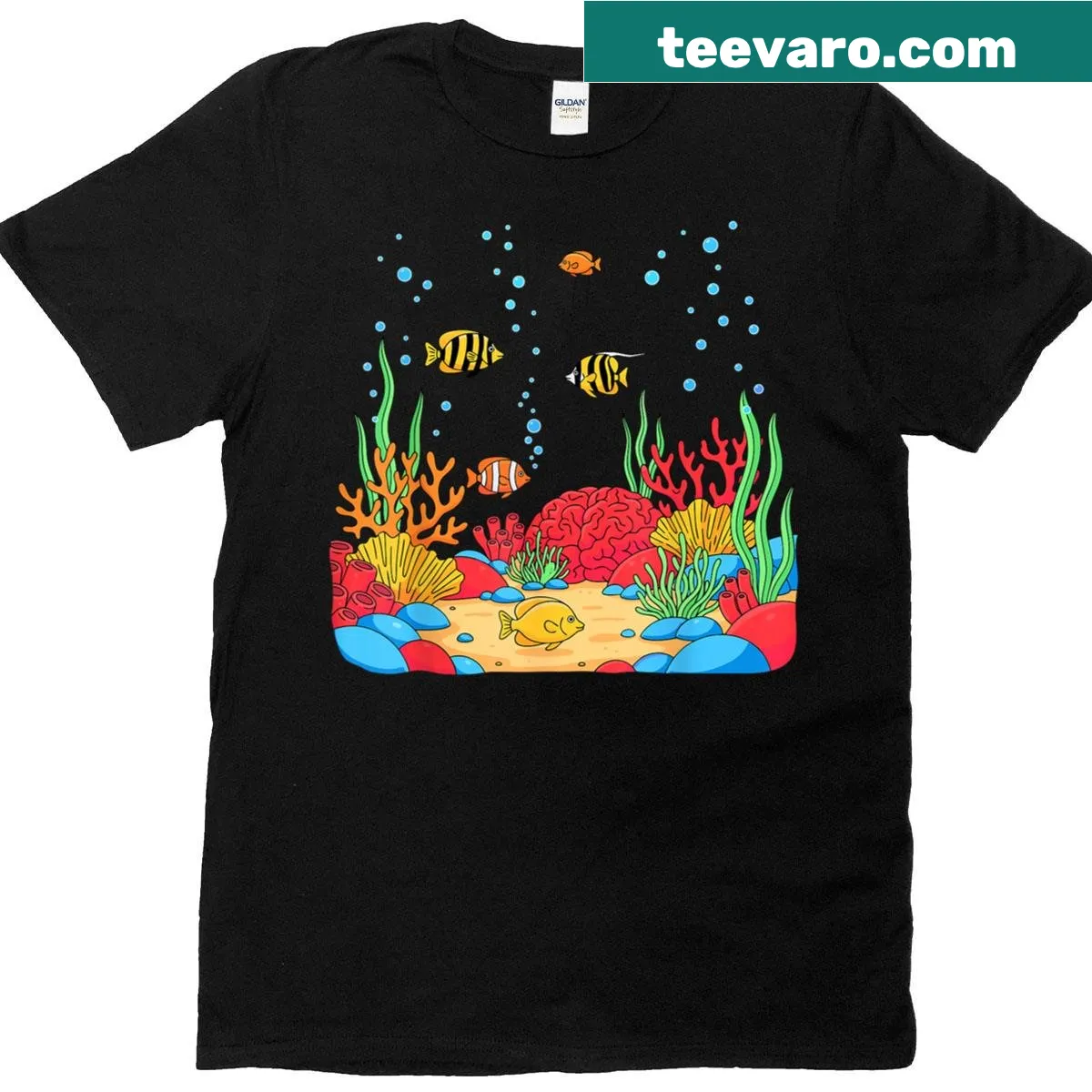 Ocean life illustration of a coral reef on a T-shirt — on a men's t-shirt