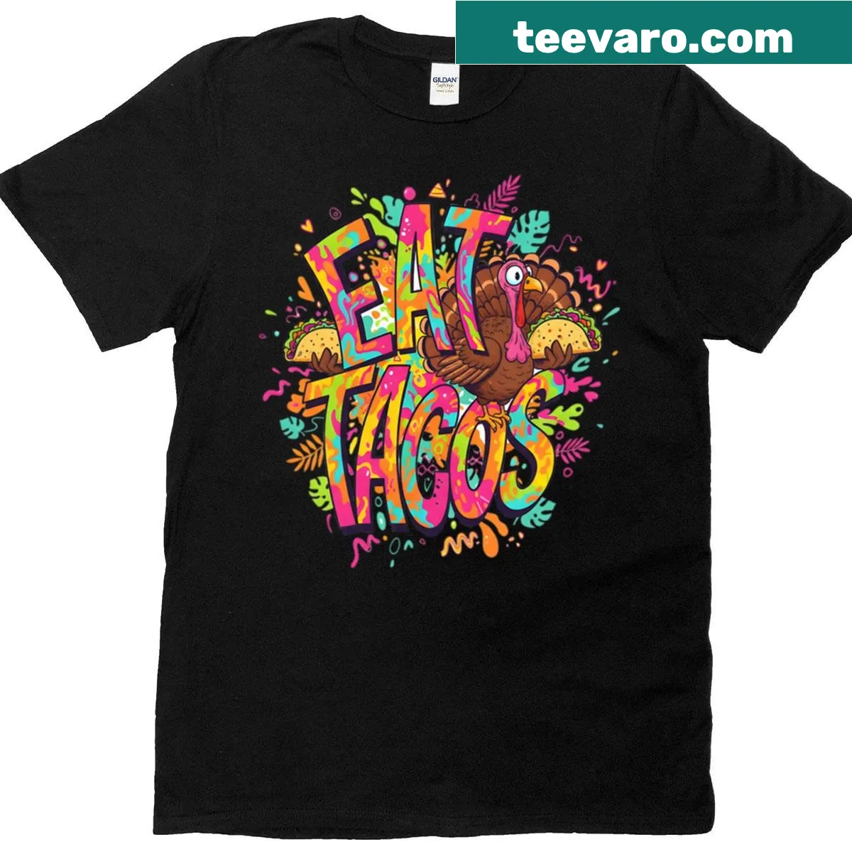 T-shirt with a humorous turkey taco graphic for Thanksgiving — on a men's t-shirt