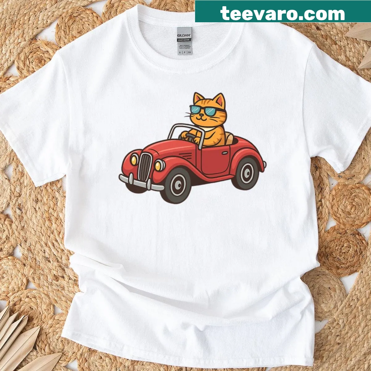 T-shirt featuring a cool cat in a vintage car illustration — on a men's t-shirt