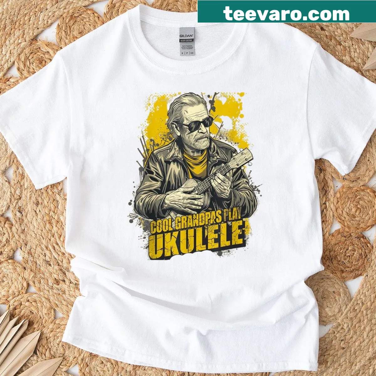 Vintage t-shirt featuring grandpa playing the ukulele — on a men's t-shirt