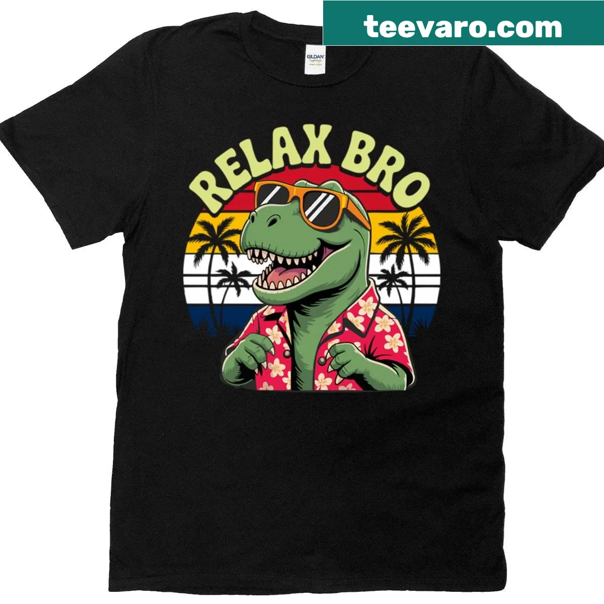 Funny T-Rex t-shirt with sunglasses and floral design — on a men's t-shirt