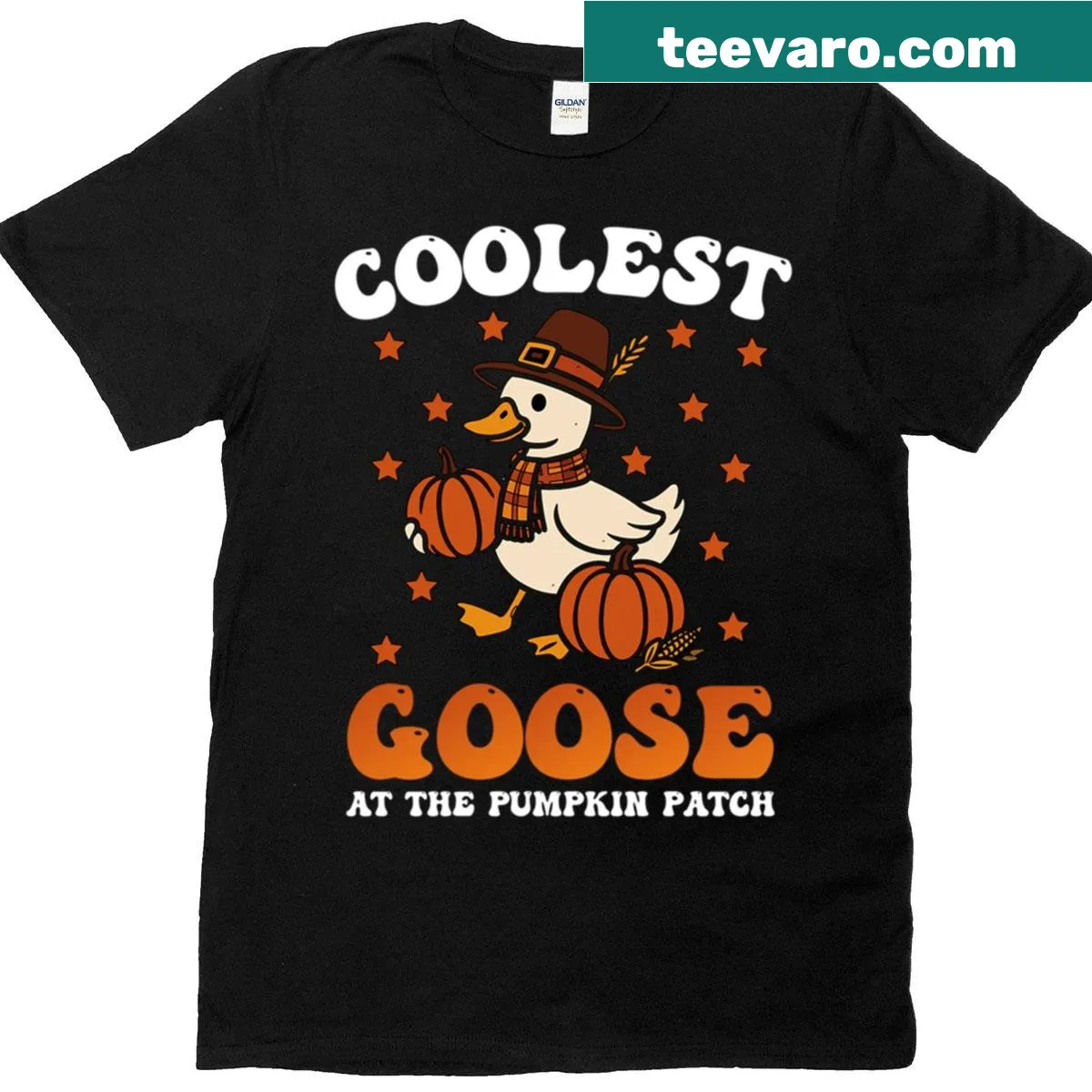 Funny goose design T-shirt for kids featuring pumpkin patch theme — on a men's t-shirt