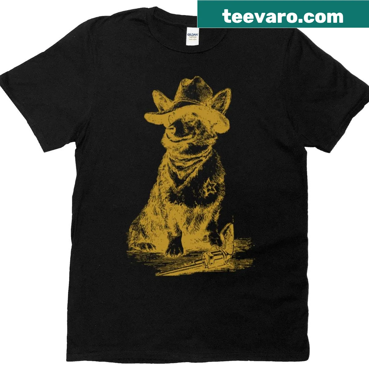 Illustration of a corgi cowboy with a sheriff badge on a t-shirt — on a men's t-shirt