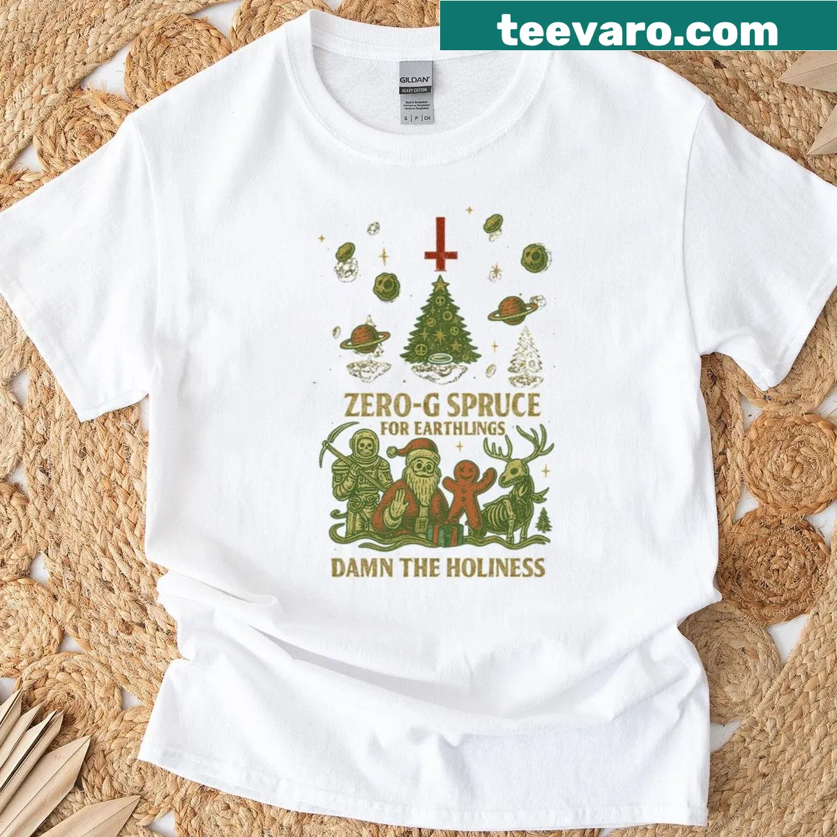 Skeleton Santa in space with a Christmas tree illustrated t-shirt — on a men's t-shirt