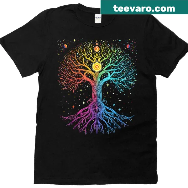 Illustrated Cosmic Tree design on a T-shirt