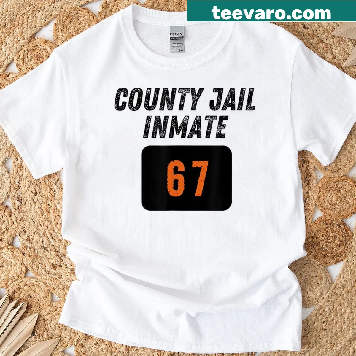 Humorous Halloween t-shirt with 'County Jail Prison Inmate 67' text — on a men's t-shirt