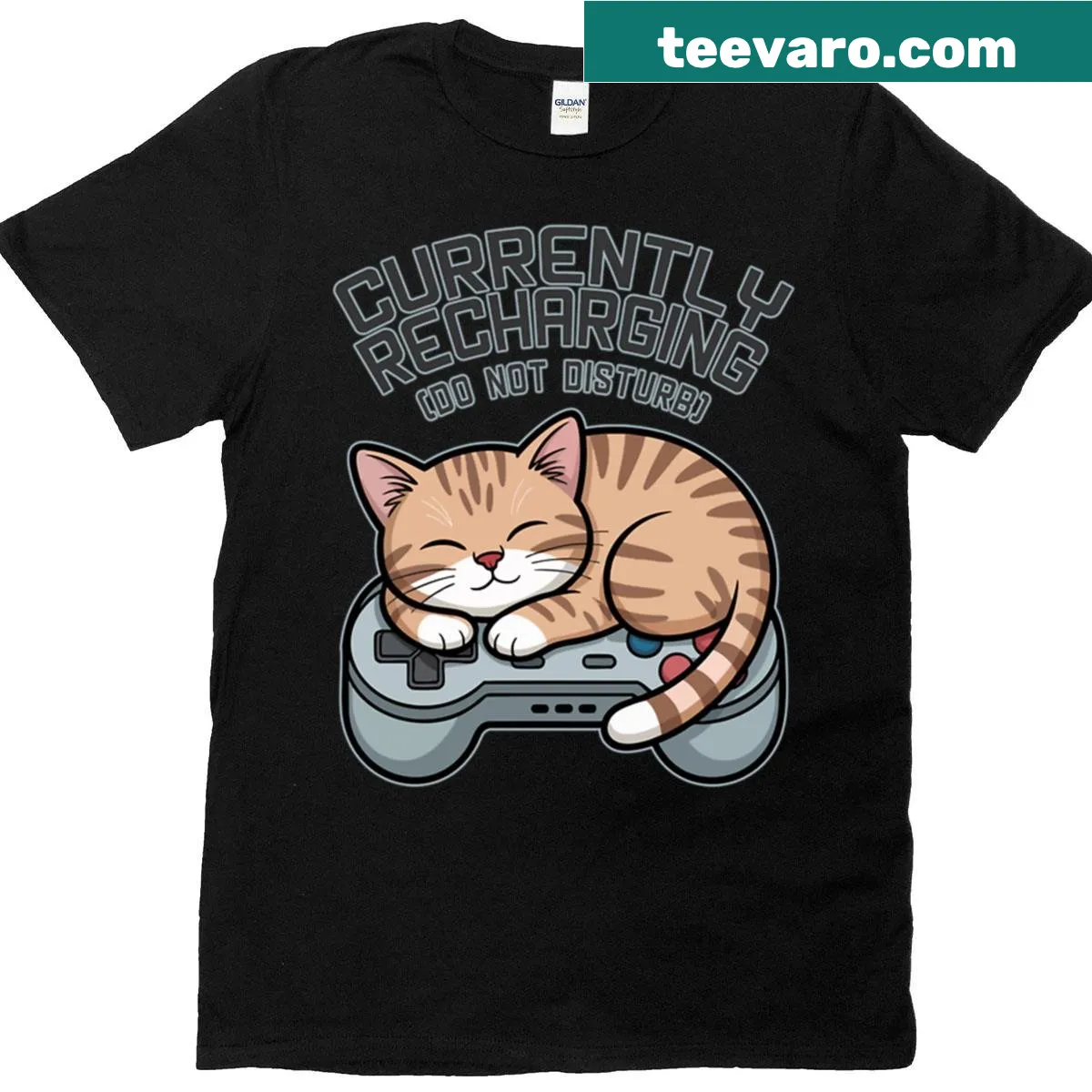 Cute cat illustration with 'Currently Recharging Do Not Disturb' text on a t-shirt — on a men's t-shirt