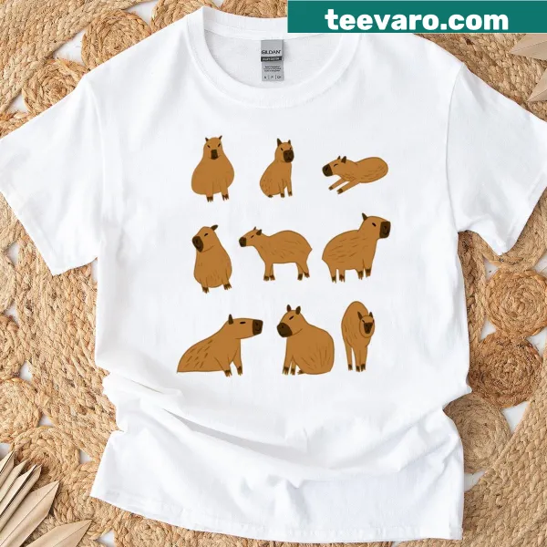Oversized T-shirt with cute capybara poses illustrations