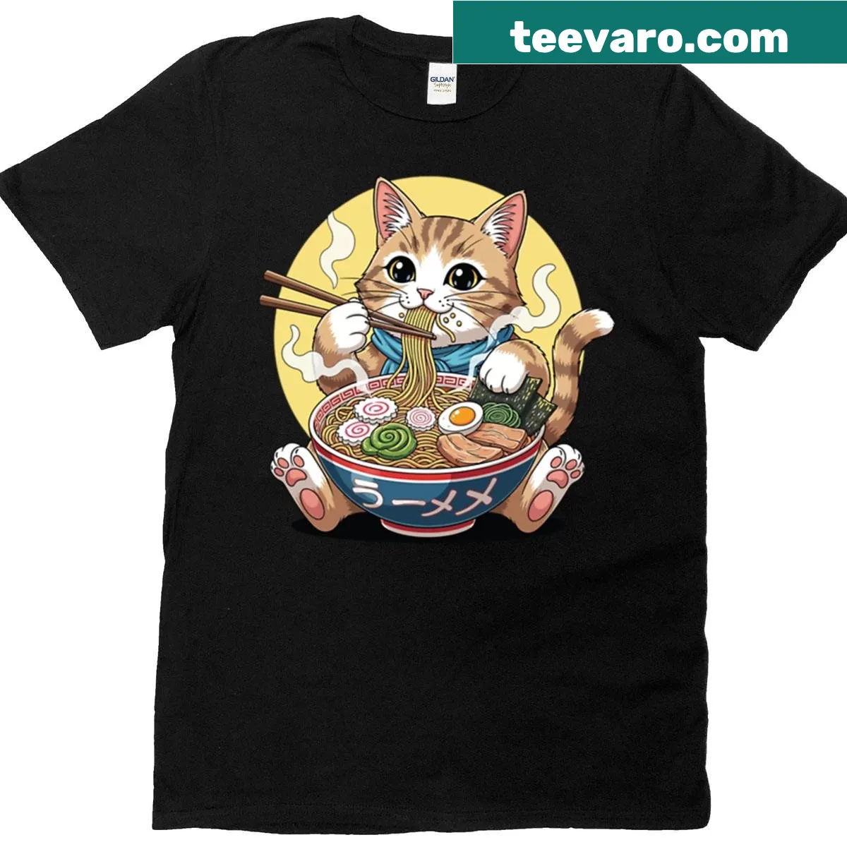Kawaii cat eating ramen noodles graphic T-shirt — on a men's t-shirt