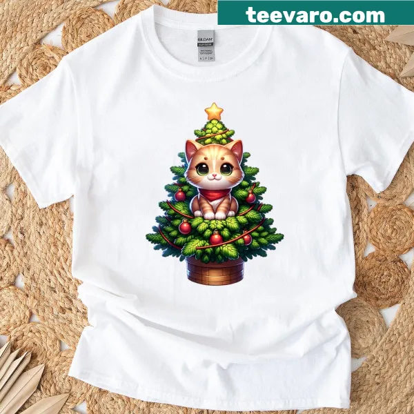 Whimsical t-shirt with a cute cat in a Christmas tree design.