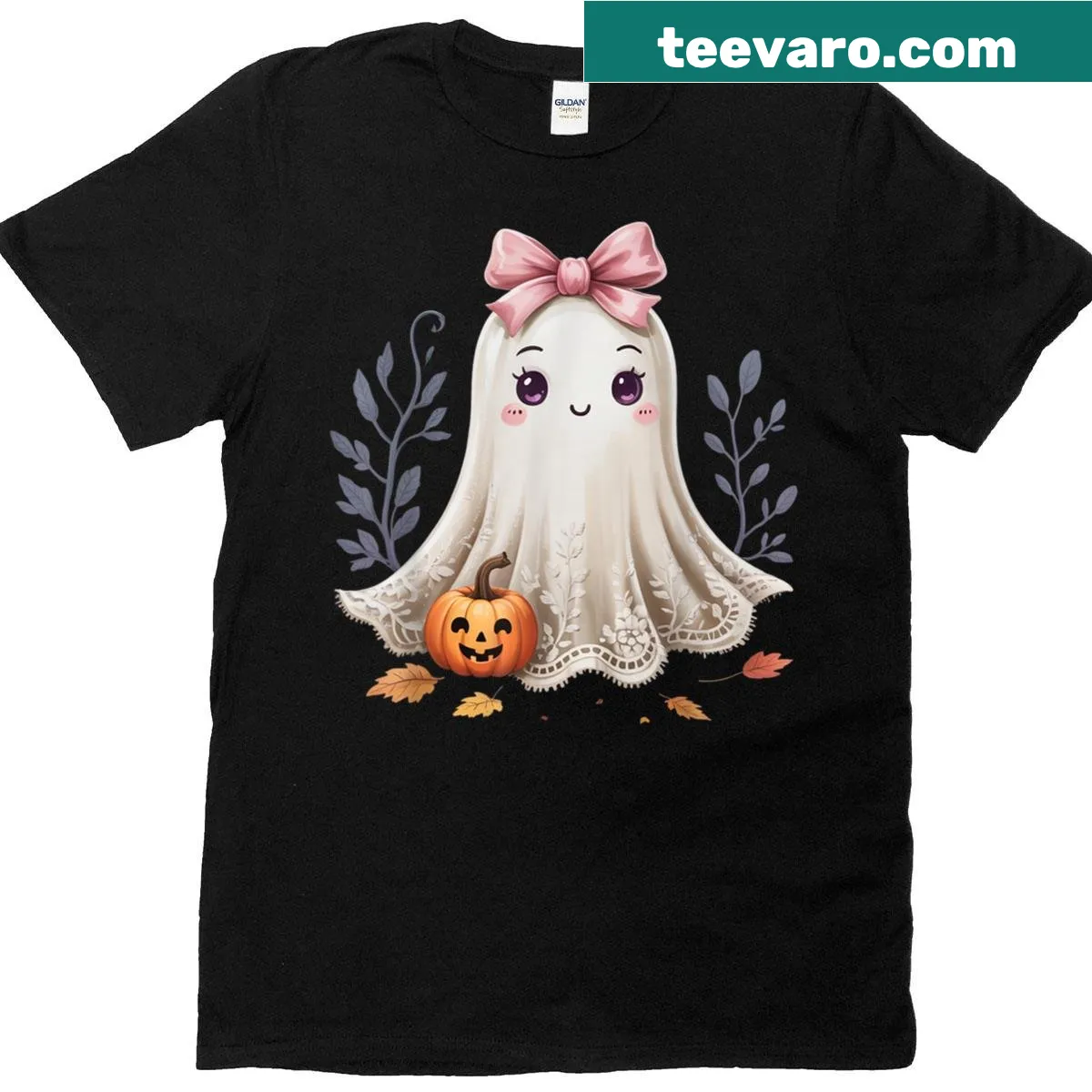 Cute ghost with floral lace and bow design on a Halloween t-shirt — on a men's t-shirt