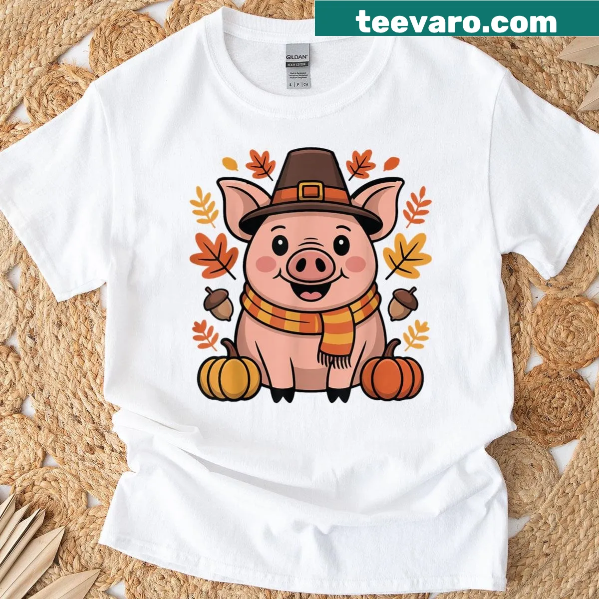Adorable pig surrounded by pumpkins and leaves for Thanksgiving t-shirt — on a men's t-shirt