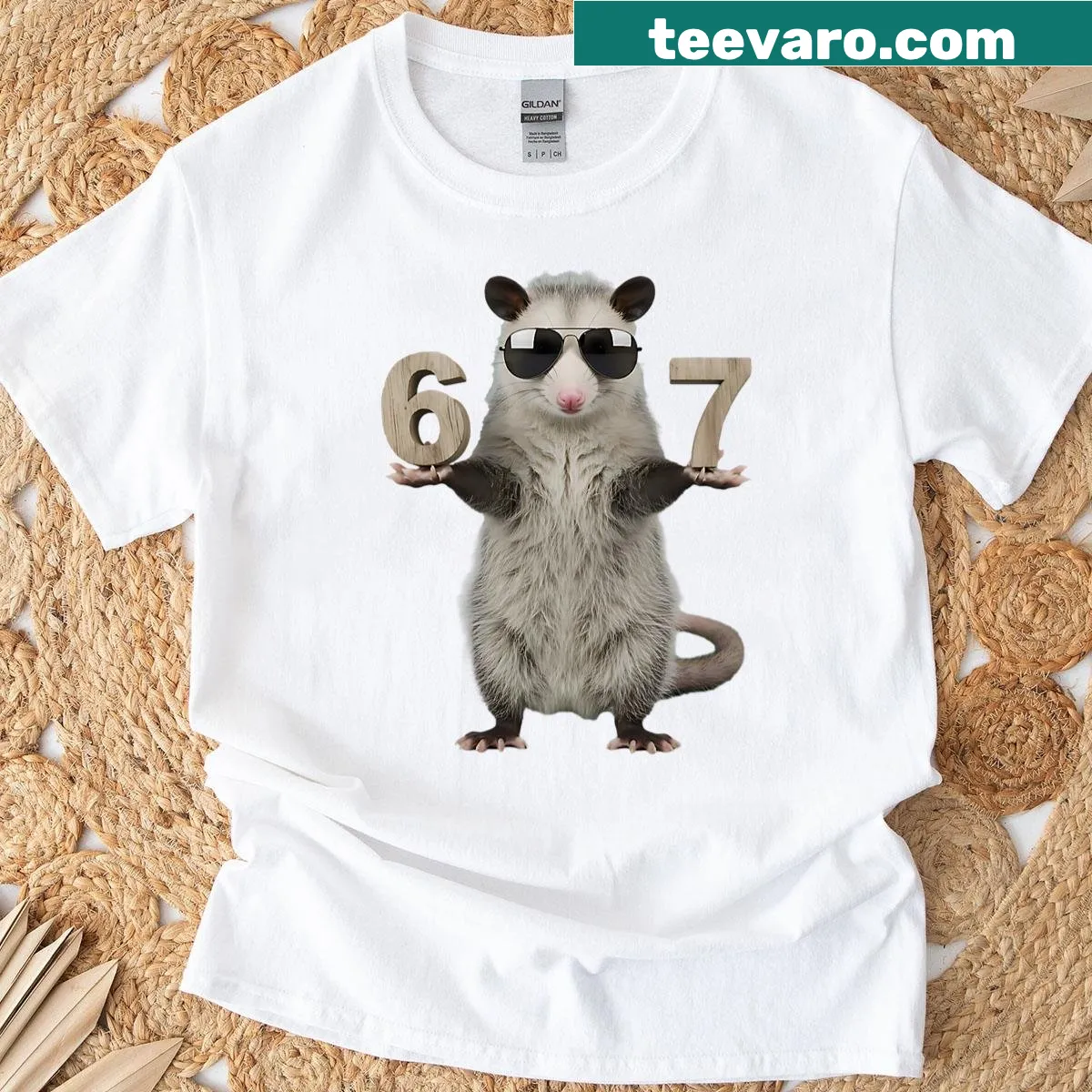 Funny t-shirt featuring the Cute Possum 67 meme design. — on a men's t-shirt