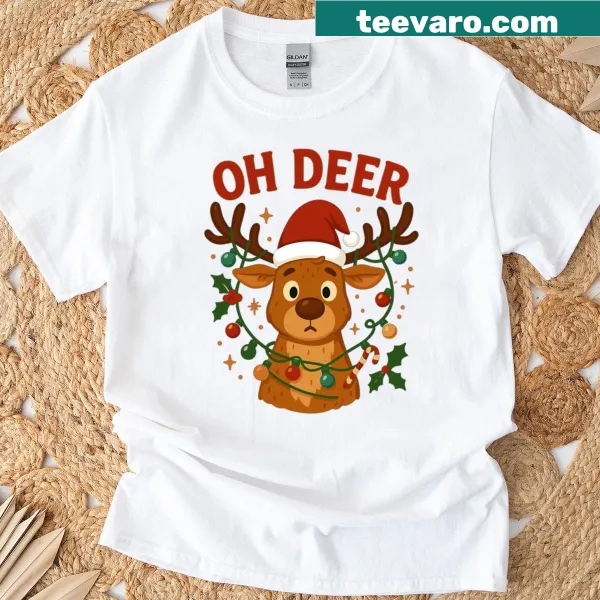 Cute reindeer wearing festive decorations for Christmas on a t-shirt
