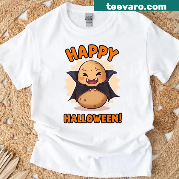 Cute cartoon vampire potato design T-shirt for Halloween