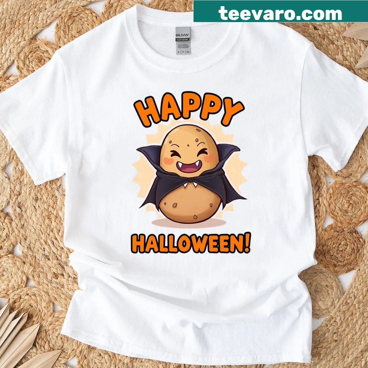Cute cartoon vampire potato design T-shirt for Halloween — on a men's t-shirt