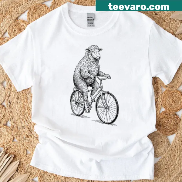 Whimsical t-shirt featuring sheep on bicycles in a funny design.