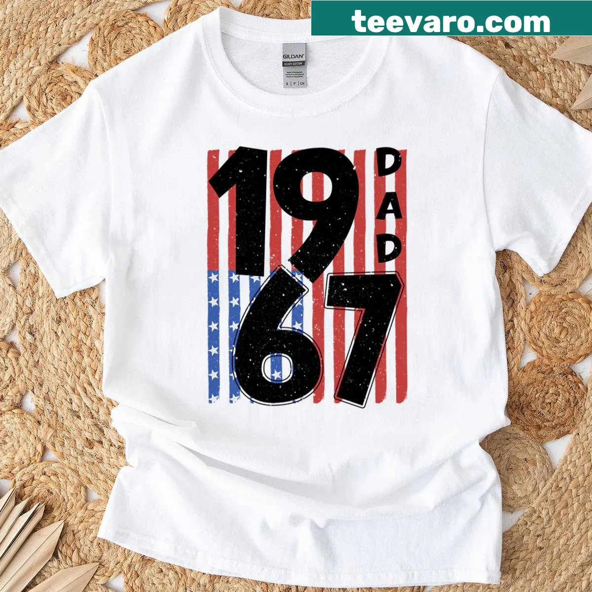 Patriotic t-shirt featuring USA flag and 'Dad 1967' text — on a men's t-shirt