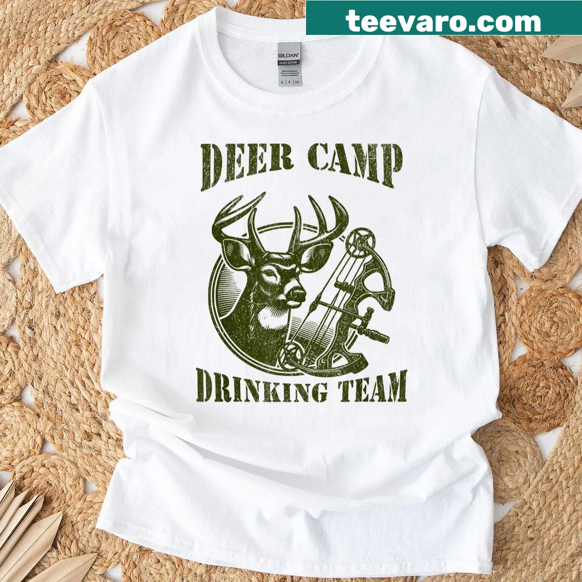 Funny T-shirt with a buck deer graphic and 'Deer Camp Drinking Team' text — on a men's t-shirt
