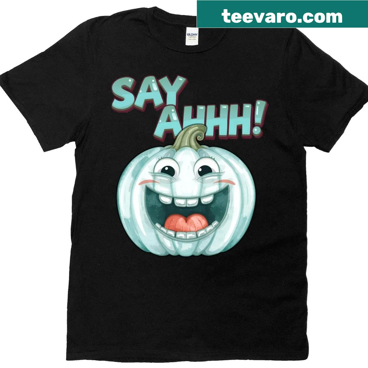 Thanksgiving-themed dental hygienist t-shirt with pumpkin design — on a men's t-shirt