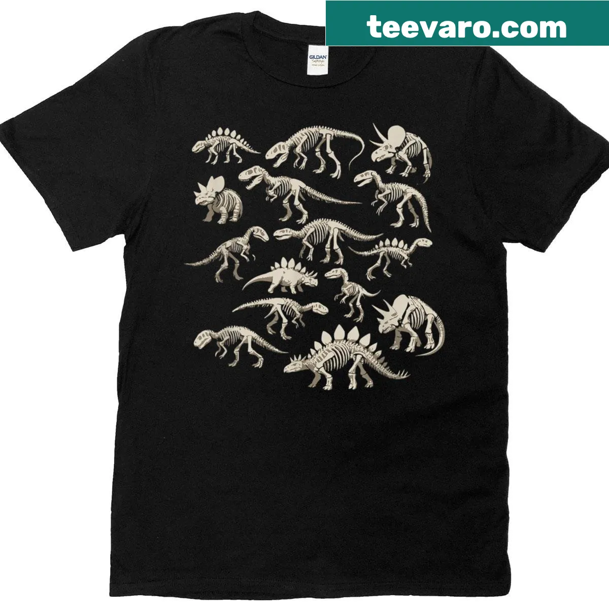 Minimalist dinosaur skeleton line art t-shirt — on a men's t-shirt