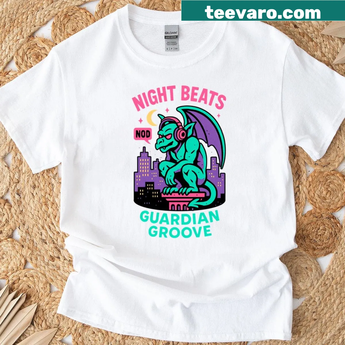 Oversized DJ gargoyle graphic T-shirt for music lovers — on a men's t-shirt