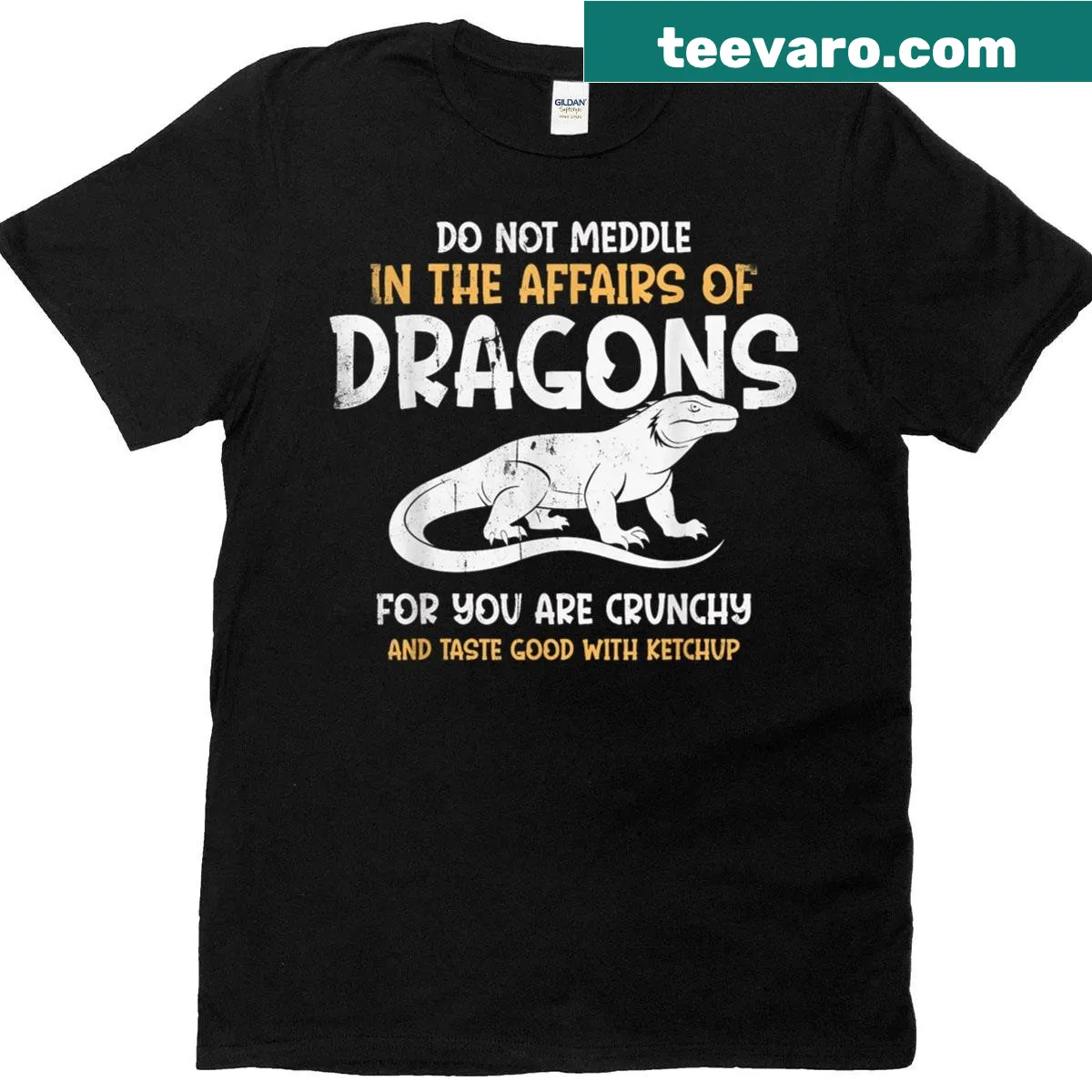 Humorous typography t-shirt with dragon-themed quote. — on a men's t-shirt