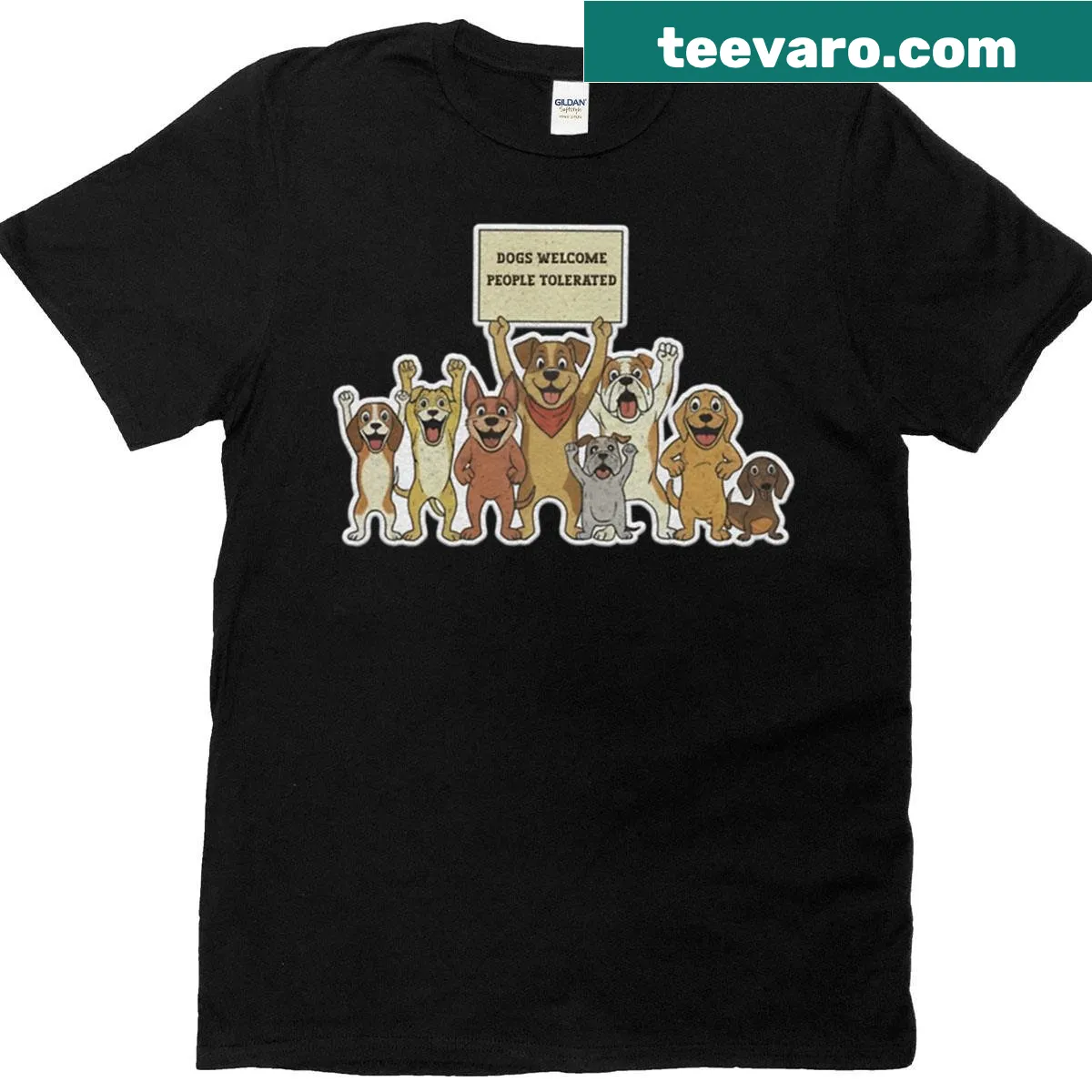 Humorous T-shirt featuring the phrase 'Dogs Welcome People Tolerated.' — on a men's t-shirt
