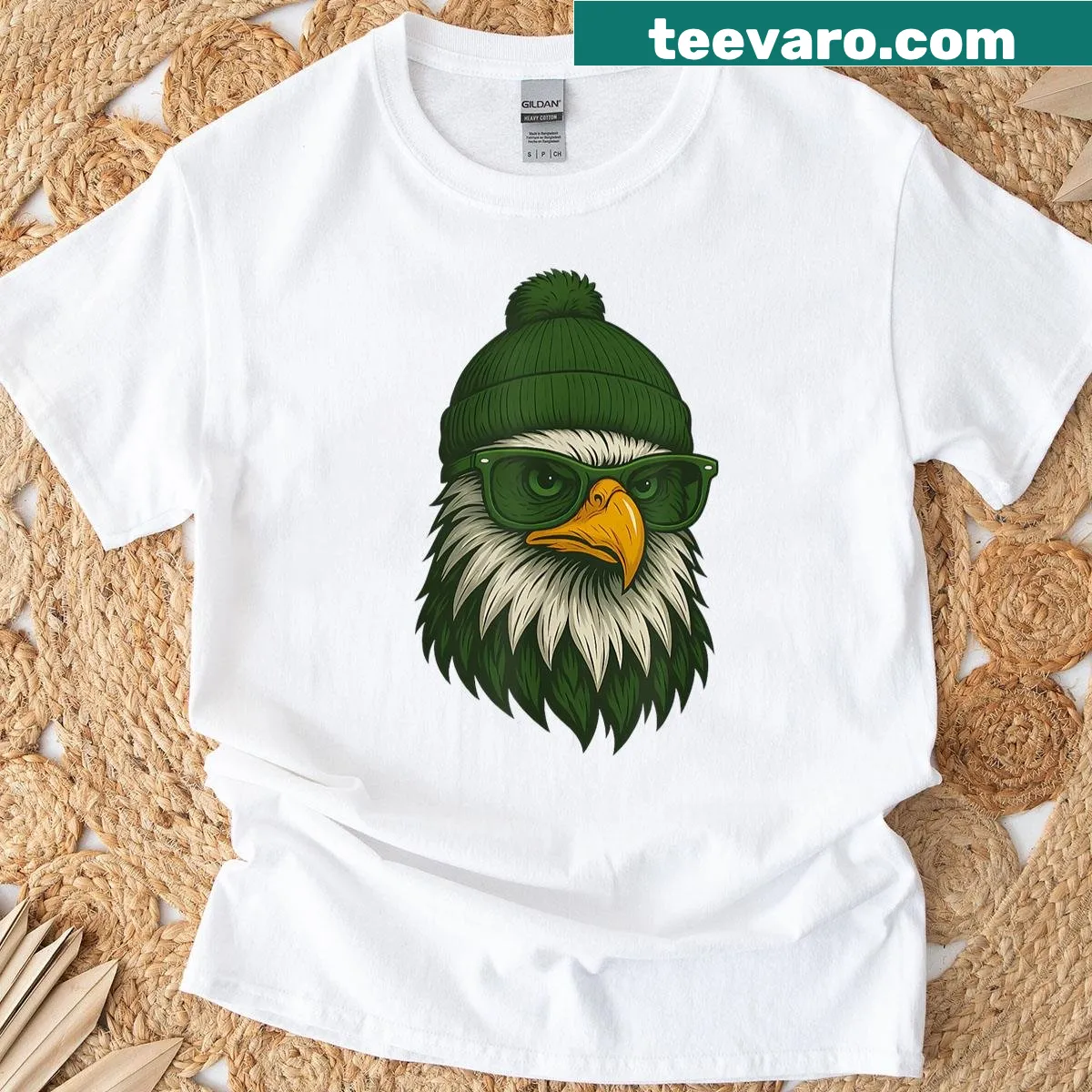 Cartoon eagle wearing sunglasses and a beanie on a t-shirt — on a men's t-shirt