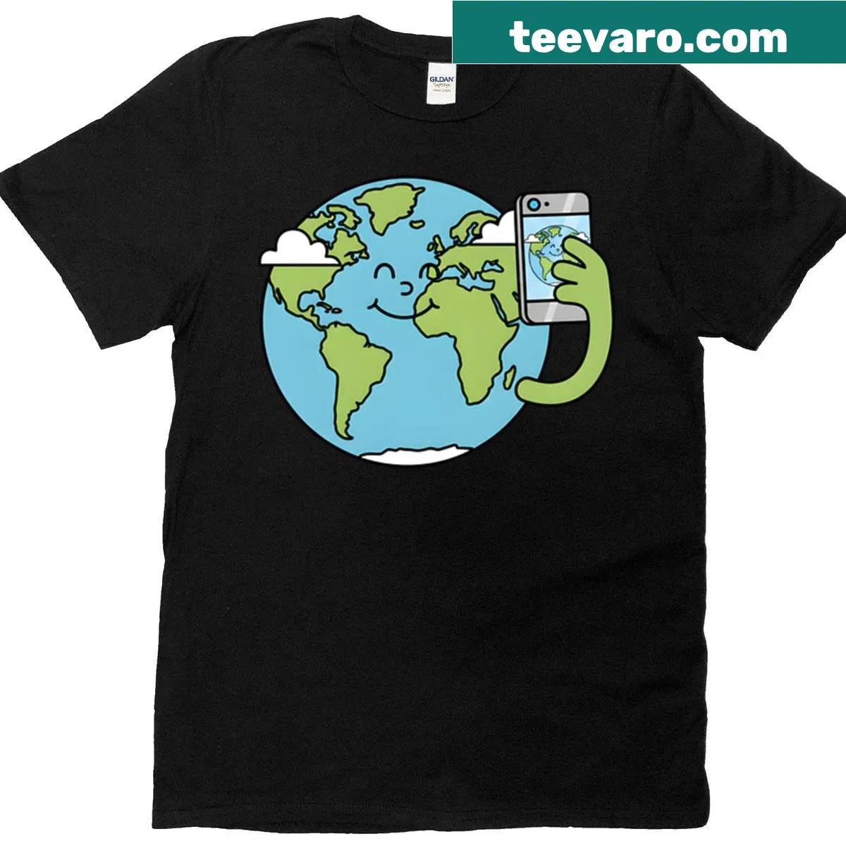 Earth character taking a selfie graphic on a T-shirt — on a men's t-shirt