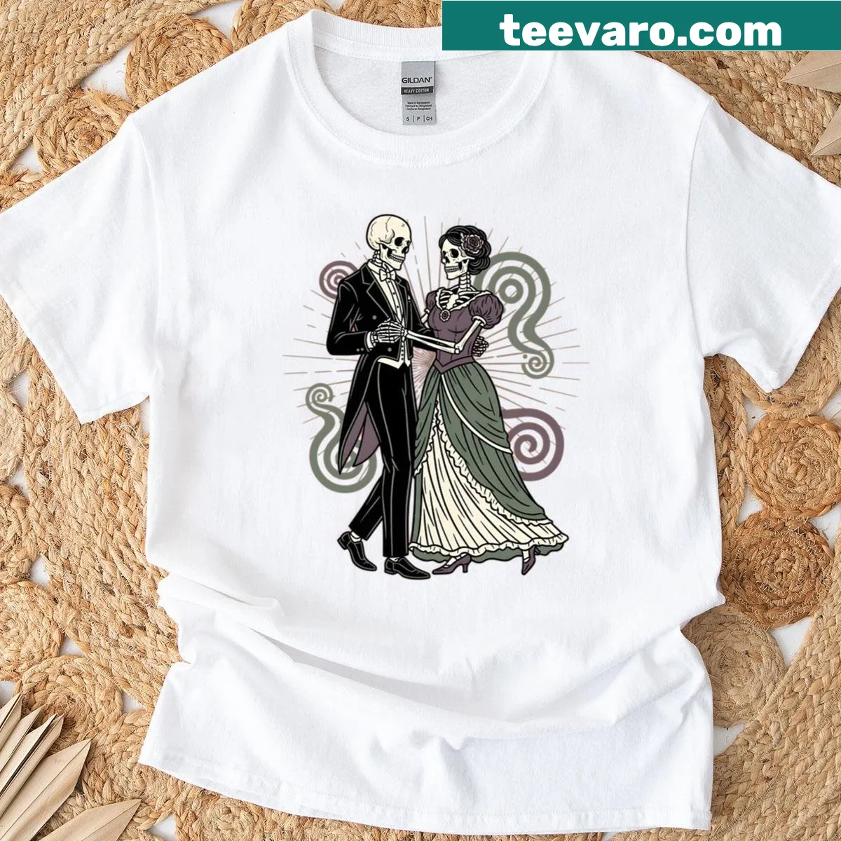 Vintage illustration of dancing skeletons for Halloween — on a men's t-shirt