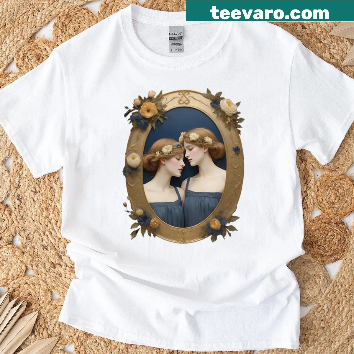 T-shirt featuring a romantic Pre-Raphaelite style portrait of sisters — on a men's t-shirt
