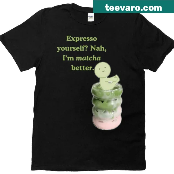 Oversized T-shirt with humorous coffee and matcha-themed text