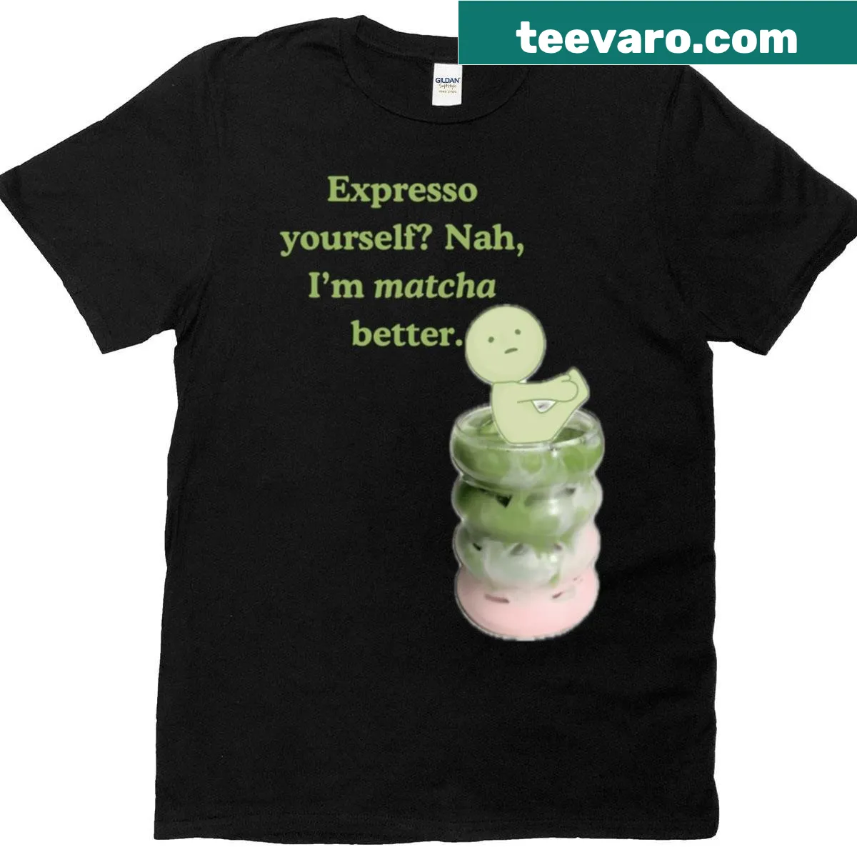 Oversized T-shirt with humorous coffee and matcha-themed text — on a men's t-shirt