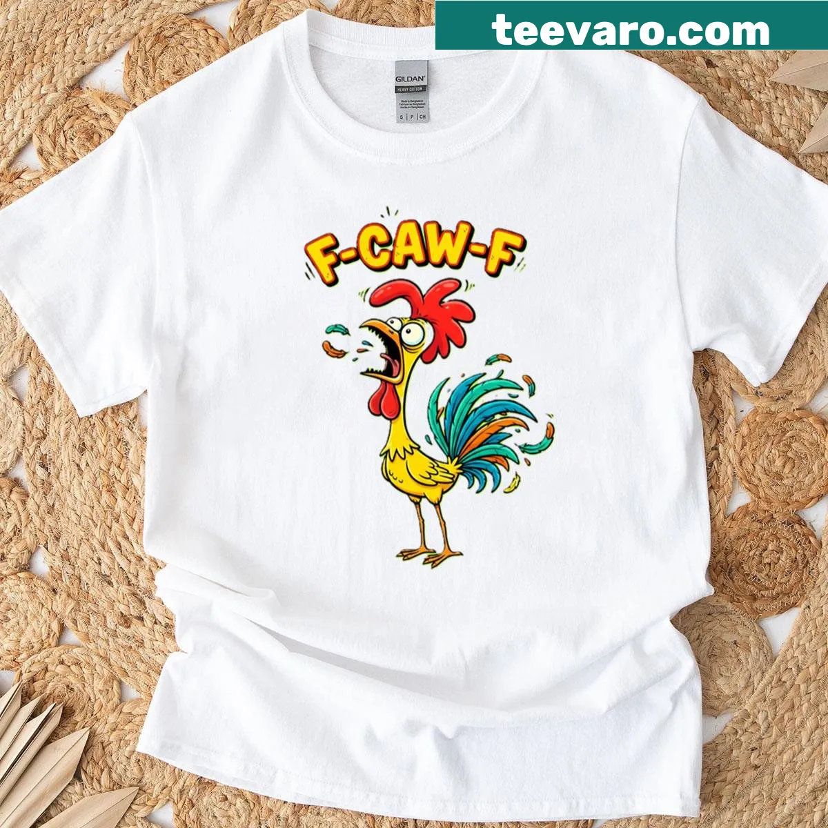 Funny shirt featuring a cartoon rooster with silly text — on a men's t-shirt