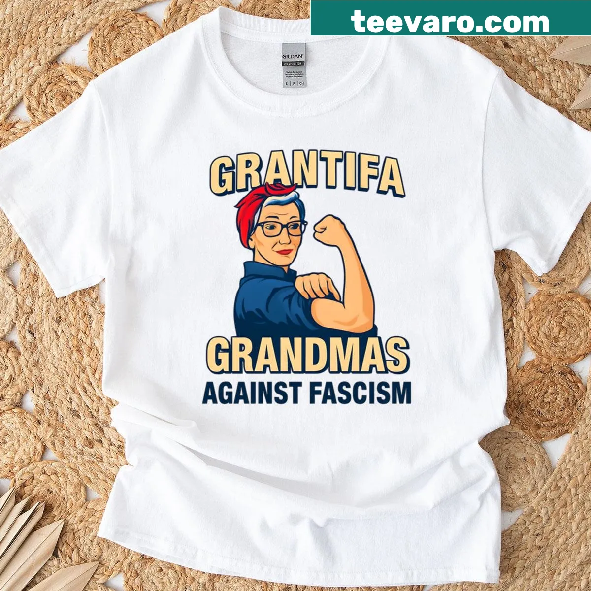 T-shirt with 'Feminist Grandma Power' anti-fascist design — on a men's t-shirt