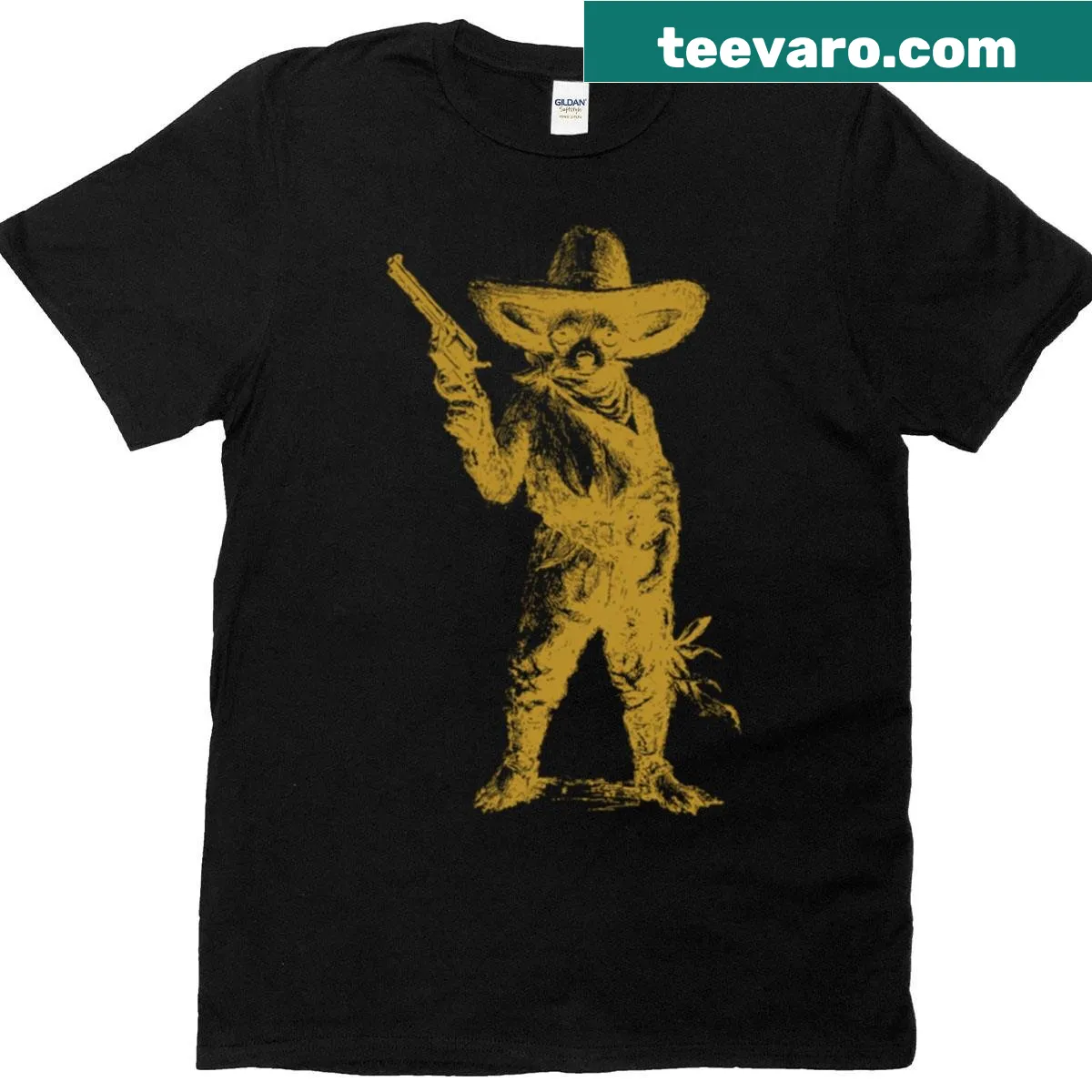 Illustration of a fierce chihuahua cowboy in gold design — on a men's t-shirt