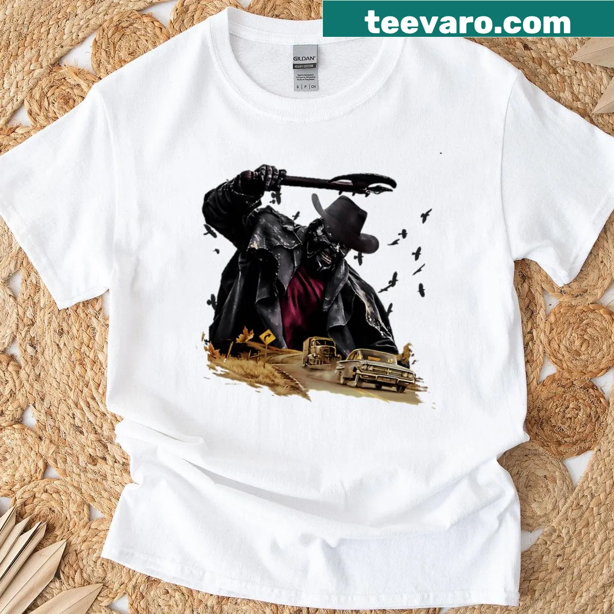 Vintage horror film-themed shirt for Halloween — on a men's t-shirt