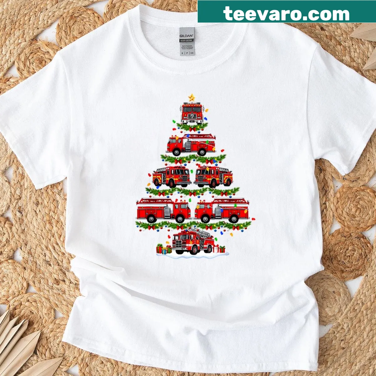 Funny fire truck pajamas tee with Christmas lights design — on a men's t-shirt