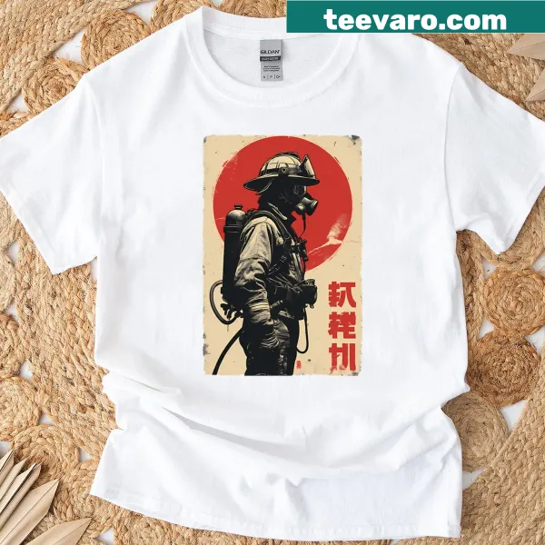 Vintage Firefighter Courage T-shirt with Japanese-style art design
