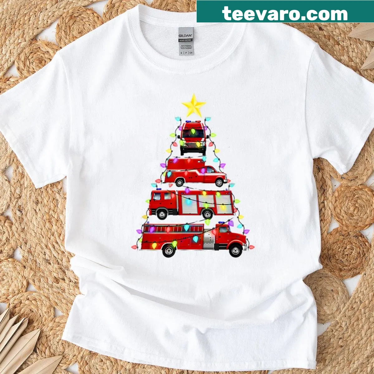 Illustration of a firefighter's truck with Christmas elements on a festive t-shirt — on a men's t-shirt