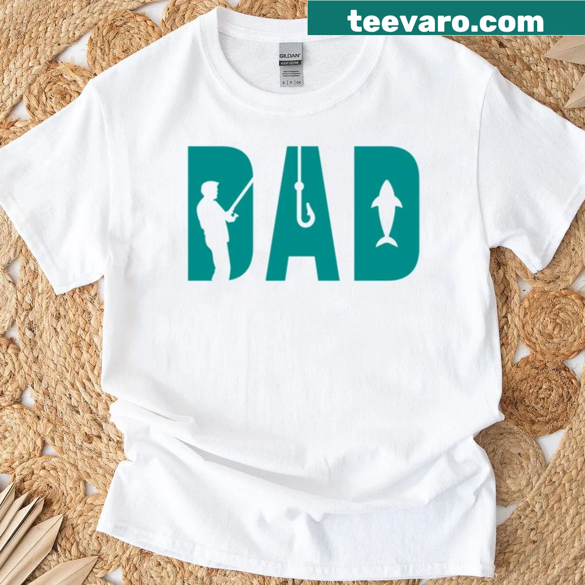 Illustrative T-shirt dedicated to dads who love fishing with a heartfelt design — on a men's t-shirt