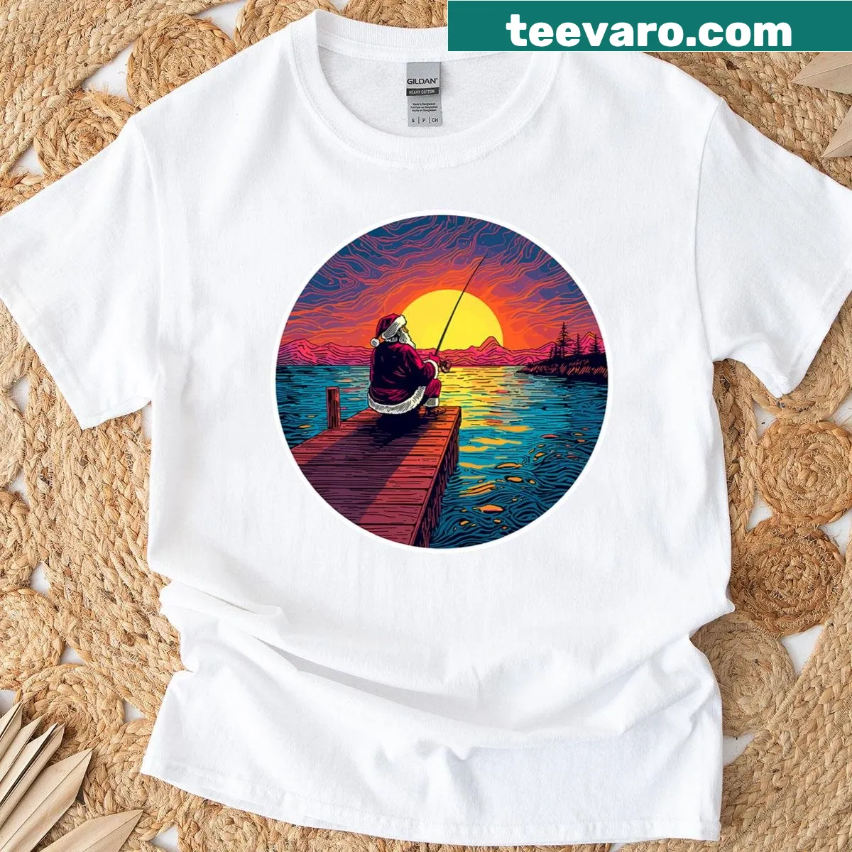 Santa Claus fishing design for a fun holiday fishing theme — on a men's t-shirt
