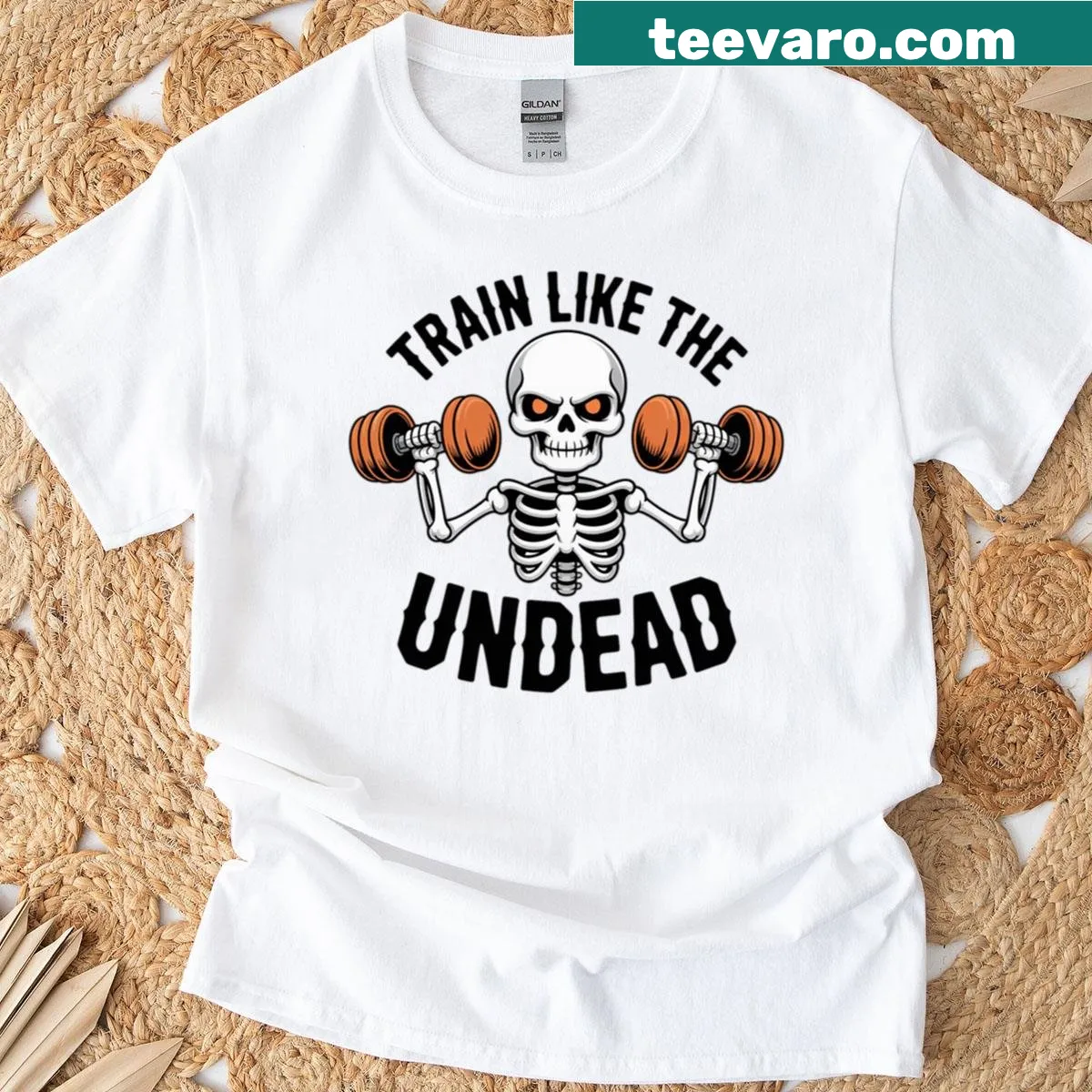 Oversized t-shirt featuring a skeleton with a fitness theme — on a men's t-shirt